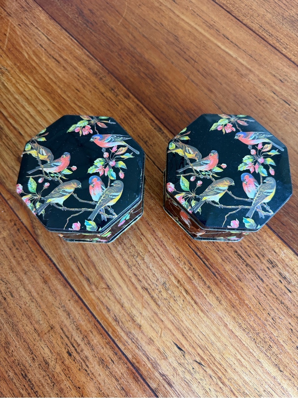 Vintage Octagonal Black Bird Trinket Box - Pair England Tea Tins